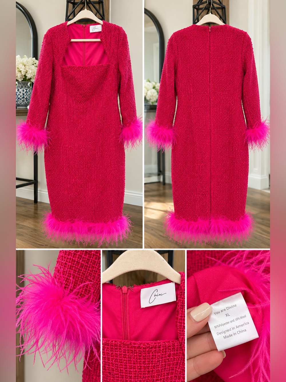 Chéri You Are Divine XL Hot Pink Tweed Feather Trim Midi Dress
Barbiecore